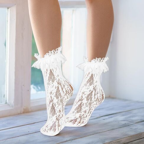 Dohia Womens Lace Ankle Socks Cute Loose Mesh Frilly Socks Dress Socks Lolita Socks Girls Princess Accessories ST3-HBLSDW in Kuwait