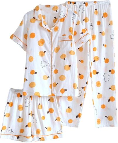 Womens 3pcs Cotton Gauze Pajama Set Short Sleeve Sleepwear Floral Print Cute Pj Set with Long Pants in Kuwait