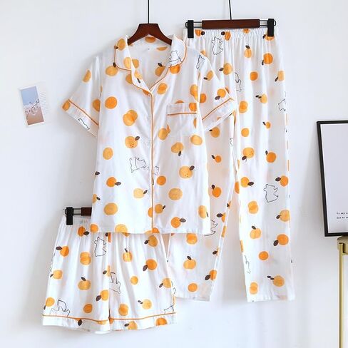 Womens 3pcs Cotton Gauze Pajama Set Short Sleeve Sleepwear Floral Print Cute Pj Set with Long Pants in Kuwait
