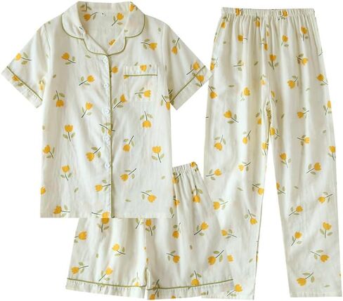 Womens 3pcs Cotton Gauze Pajama Set Short Sleeve Sleepwear Floral Print Cute Pj Set with Long Pants in Kuwait