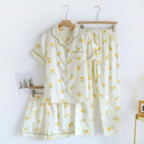 Womens 3pcs Cotton Gauze Pajama Set Short Sleeve Sleepwear Floral Print Cute Pj Set with Long Pants in Kuwait
