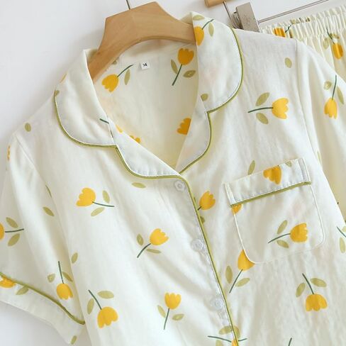 Womens 3pcs Cotton Gauze Pajama Set Short Sleeve Sleepwear Floral Print Cute Pj Set with Long Pants in Kuwait