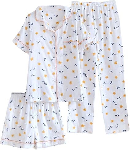 Womens 3pcs Cotton Gauze Pajama Set Short Sleeve Sleepwear Floral Print Cute Pj Set with Long Pants in Kuwait