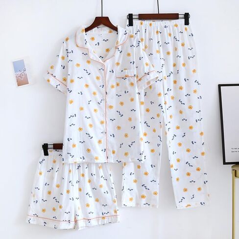 Womens 3pcs Cotton Gauze Pajama Set Short Sleeve Sleepwear Floral Print Cute Pj Set with Long Pants in Kuwait