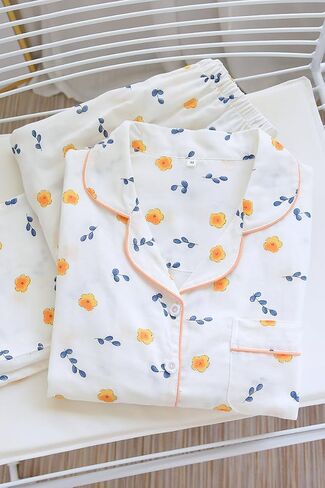 Womens 3pcs Cotton Gauze Pajama Set Short Sleeve Sleepwear Floral Print Cute Pj Set with Long Pants in Kuwait