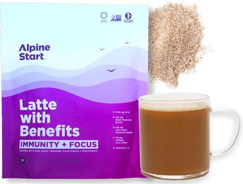 Alpine Start Latte with Benefits - Organic Instant Coffee Latte with Immunity+Focus - Non-Dairy, Vegan, Paleo, Non-GMO, (0.56oz Pack of 5) in Saudi Arabia