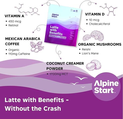 Alpine Start Latte with Benefits - Organic Instant Coffee Latte with Immunity+Focus - Non-Dairy, Vegan, Paleo, Non-GMO, (0.56oz Pack of 5) in Saudi Arabia