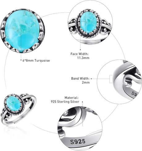 خواتم فيروزية للنساء 925 من الفضة الإسترليني قابلة للتعديل خاتم الأزهار تخريمية بيان خاتم مع قطع بيضاوية 6 * 8 مم خواتم نسائية فيروزية عتيقة قابلة للتعديل مقاس 6-9 in Kuwait