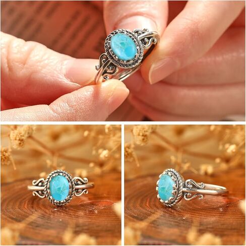 خواتم فيروزية للنساء 925 من الفضة الإسترليني قابلة للتعديل خاتم الأزهار تخريمية بيان خاتم مع قطع بيضاوية 6 * 8 مم خواتم نسائية فيروزية عتيقة قابلة للتعديل مقاس 6-9 in Kuwait