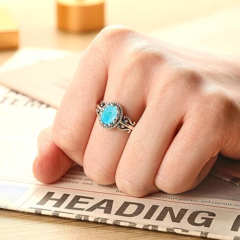 خواتم فيروزية للنساء 925 من الفضة الإسترليني قابلة للتعديل خاتم الأزهار تخريمية بيان خاتم مع قطع بيضاوية 6 * 8 مم خواتم نسائية فيروزية عتيقة قابلة للتعديل مقاس 6-9 in Kuwait