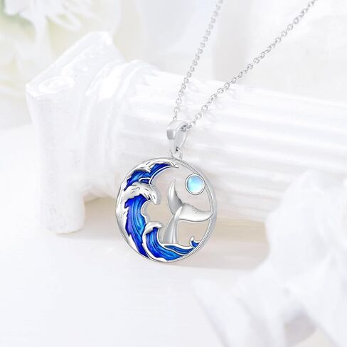 PELOVNY Wave Moonstone Necklace 925 Sterling Silver Whale Tail Necklace Ocean Wave Pendant Jewelry Gifts for Women in Kuwait