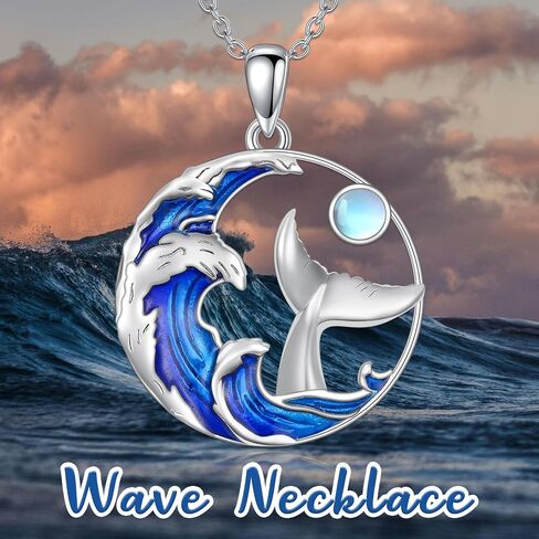 PELOVNY Wave Moonstone Necklace 925 Sterling Silver Whale Tail Necklace Ocean Wave Pendant Jewelry Gifts for Women in Kuwait