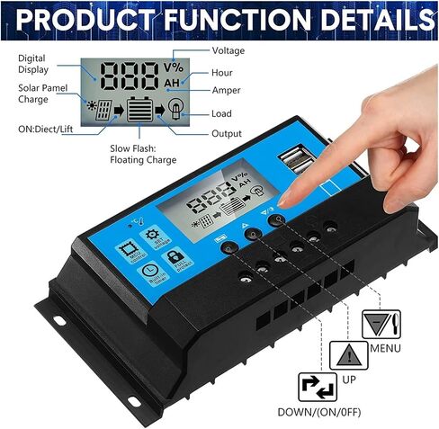 وحدة تحكم شحن بالطاقة الشمسية 20 أمبير، منظم ذكي للتحكم في شحن الألواح الشمسية مع منفذ USB مزدوج 12 فولت/24 فولت، شاشة LCD قابلة للتعديل بمقياس تلقائي PWM باللون الأزرق in Kuwait