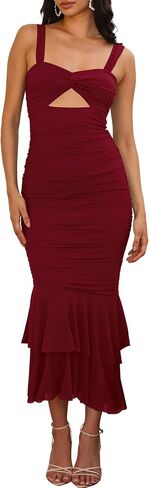 Women's Casual Sleeveless Strap Maxi Dresses Elegant Ruched Fishtail Club Cocktail Party Dress in Saudi Arabia