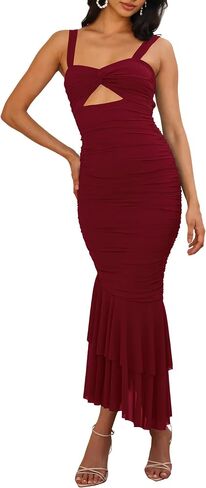 Women's Casual Sleeveless Strap Maxi Dresses Elegant Ruched Fishtail Club Cocktail Party Dress in Saudi Arabia