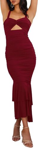Women's Casual Sleeveless Strap Maxi Dresses Elegant Ruched Fishtail Club Cocktail Party Dress in Saudi Arabia