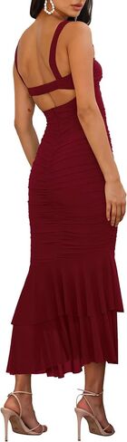 Women's Casual Sleeveless Strap Maxi Dresses Elegant Ruched Fishtail Club Cocktail Party Dress in Saudi Arabia