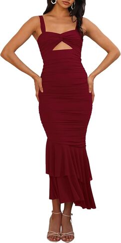 Women's Casual Sleeveless Strap Maxi Dresses Elegant Ruched Fishtail Club Cocktail Party Dress in Saudi Arabia