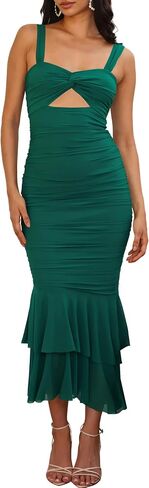 Women's Casual Sleeveless Strap Maxi Dresses Elegant Ruched Fishtail Club Cocktail Party Dress in Saudi Arabia