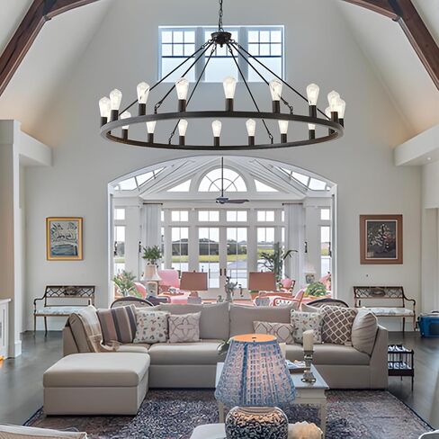 2 Tier Extra Large Wagon Wheel Chandelier 60 Inch Black Farmhouse Wagon Wheel Chandeliers 54-Light Round Industrial Ceiling Light fixtures for Outdoor Porch high Ceilings Living Dining Foyer Entryway in Saudi Arabia