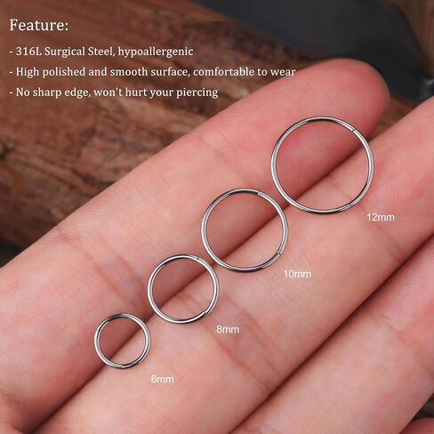 3PCS Hinged Nose Hoops Rings 20G 18G 16G 316L Surgical Steel, Clicker Hoop for Septum Daith Helix Tragus Conch Earrings Piercing Jewelry, 6mm-12mm in Saudi Arabia