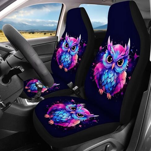 ZFRXIGN Galaxy Owl Car Seat Covers Full Set for Women Cute Car Accessories Front Seat Covers Rear Backrest Cover Pet Seat Protector Hippie Colorful Neon Car Decor Purple in Kuwait