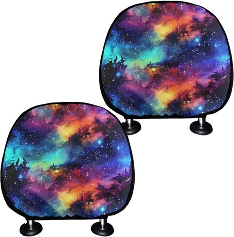 Rainbow Starry Sky Car Universal Polyester Headrest Covers Colorful Universe Outer Space Painting 2 Pack Headrest Covers Universal Fit for Most Cars Vans Trucks in Kuwait