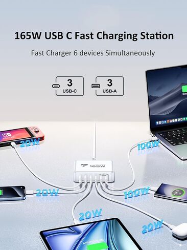 USB C Fast Charger, 100W USB C Charger Block GaN 6 Port USB C Fast Charging Station Hub Block Cube, PD USB C and QC USB A Wall Charger Multiple USB Charger for iPhone 15 16 Pro Max, MacBook, Samsung in Saudi Arabia