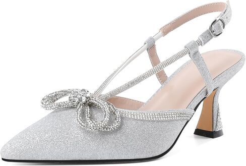 SAMMITOP Women's Slingback Rhinstone Bow Heels Low Kitten Heel Double Bow Pumps Pointed Toe Adjustable Ankle Strap Sparkly Prom Wedding Dress Shoes 2.5 Inch in Saudi Arabia