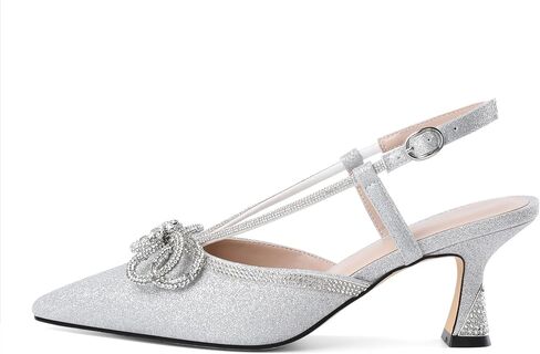 SAMMITOP Women's Slingback Rhinstone Bow Heels Low Kitten Heel Double Bow Pumps Pointed Toe Adjustable Ankle Strap Sparkly Prom Wedding Dress Shoes 2.5 Inch in Saudi Arabia