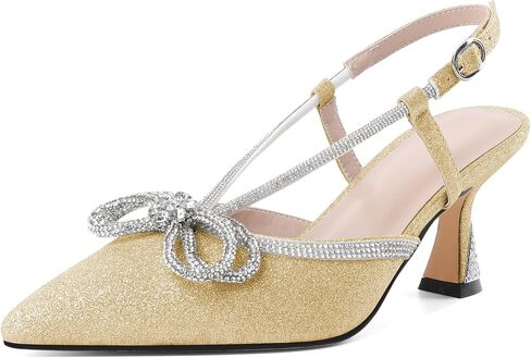 SAMMITOP Women's Slingback Rhinstone Bow Heels Low Kitten Heel Double Bow Pumps Pointed Toe Adjustable Ankle Strap Sparkly Prom Wedding Dress Shoes 2.5 Inch in Saudi Arabia