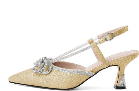 SAMMITOP Women's Slingback Rhinstone Bow Heels Low Kitten Heel Double Bow Pumps Pointed Toe Adjustable Ankle Strap Sparkly Prom Wedding Dress Shoes 2.5 Inch in Saudi Arabia