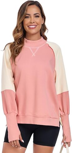 ALSOGO Oversized Sweatshirt for Women Crewneck Long Sleeve Shirts Color Block Pullover Thumb Hole 2024 Fall Outfits in Saudi Arabia