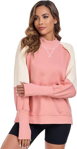 ALSOGO Oversized Sweatshirt for Women Crewneck Long Sleeve Shirts Color Block Pullover Thumb Hole 2024 Fall Outfits in Saudi Arabia