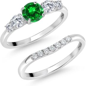 Gem Stone King 10K White Gold Green Created Emerald White Moissanite and Lab Grown Diamond 5 Stone Bridal Engagement Wedding Ring Set For Women (1.15 Cttw, Round, Available in Size 5,6,7,8,9)