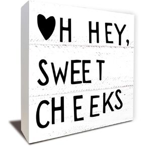 لافتة Hello Sweet Cheeks - ديكور الحمام، لمسة منزلية للمزرعة - لافتة صندوق على رف خشبي أسود ريفي للنساء والعائلة والأصدقاء وأرفف المرحاض، مثالية للشقة والمنزل مقاس 12.7 × 12.7 سم in Kuwait