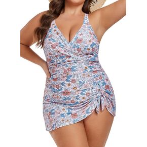B2prity One Piece Swim Dress Plus Size Tummy Control Swimsuits for Women V Neck Wrap Swimdress Skirt Bathing Suit