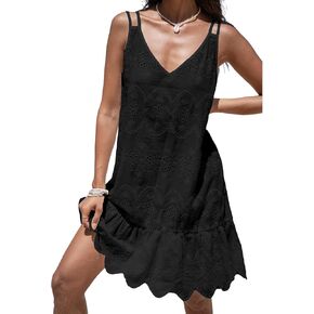 CUPSHE Women 100% Cotton Bathing Suit Cover Up Eyelet Beach Dresses Spaghetti Strap Swimsuit Coverup