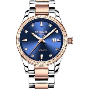 Women's Diamond Automatic Mechanical Rose Gold Stainless Steel Sapphire Waterproof Lady's Elegant Blue Watch