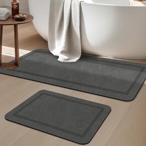 YIHOUSE Bathroom Mat Set Quick Dry- 3 Piece Water Absorbent Thin Bathroom Rugs Fit Under Door, Washable Non Slip Bath Mats for Bathroom, Dark Grey