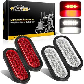 Partsam 2xRed + 2xWhite 6" 24 LED Oval Stop Turn Tail Lights Brake Backup Reverse Light Kit for Truck Trailer Bus RV Camper Waterproof 12V Sealed 6 Inch Oval Led Trailer Tail Lights Grommet Mount