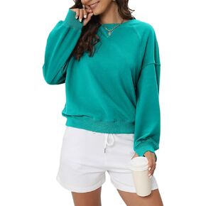 Women's Long Sleeve Sweatshirts with Thumb Hole Crewneck Drop Sleeve Cropped Pullover Tops