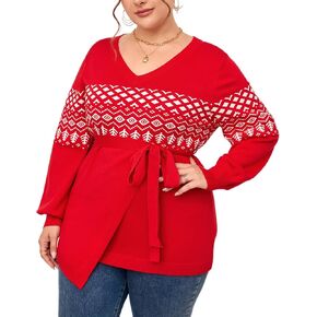 ShopWonder Plus Size Oversized Knit Sweaters for Women V Neck Casual Shirts with Belt Irregular Hem Long Sleeve Tops