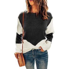 Women's Long Sleeve Crewneck Sweater Two Tone Chevron Loose Casual Knit Pullover Sweater