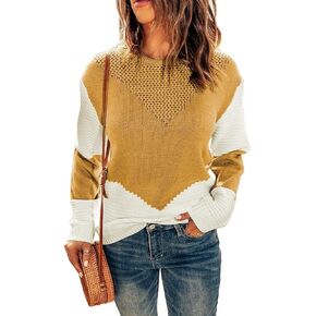 Women's Long Sleeve Crewneck Sweater Two Tone Chevron Loose Casual Knit Pullover Sweater