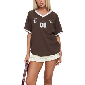 Women Y2k Jersey Shirts Oversized Letter Graphic Tees V Neck Raglan Short Sleeve T Shirt Vintage 90S Streetwear