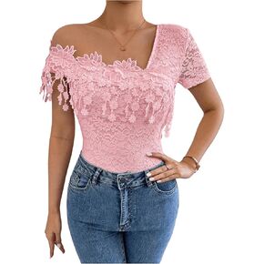 Floerns Women's Embroidery Asymmetrical Neck Tassel Trim Lace Tee Shirts