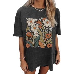 Flower Graphic Oversize Tshirt Women Vintage Wildflowers T-Shirts Sun and Moon Vacation Tee Summer Casual Loose Tee Top in Saudi Arabia