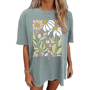 زهرة الجرافيك المعتاد التي شيرت المرأة خمر الزهور البرية تي شيرت الشمس والقمر عطلة المحملة الصيف عادية فضفاض المحملة الأعلى in Kuwait