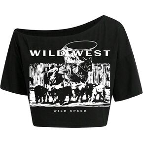 Hilinker Womens Graphic Off Shoulder Crop Tops Asymmetrical Short Sleeve T Shirt Loose Casual Tee